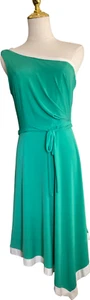 New York & Company Women's Dress M One Shoulder Tie Waist Green White Trim New - Picture 1 of 12