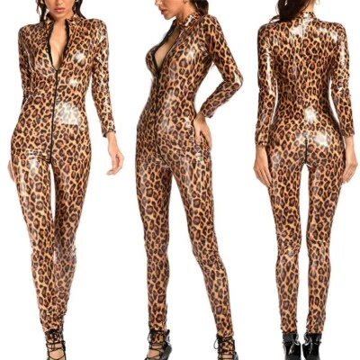 Damen Sexy Leopard Lackleder Shiny Bodysuit Zipper Schritt offen Catsuit Overall - Bild 1 von 4