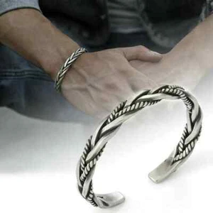 925 Sterling Silver Mens Open Cuff Bangle Bracelet Twisted Thai Vintage Design - Picture 1 of 8
