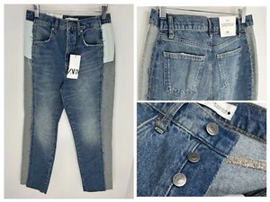 Zara NWT Reconstructed Cropped Straight Jeans Size 6 Two Tone Denim NEW - Picture 1 of 16