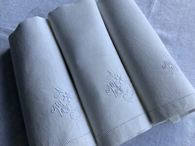 Linge Ancien 3 Serviettes En Lin Brodées M L - Photo 1/4