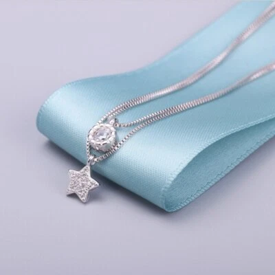 Silber Plattiert Damen Kette Doppel Halskette Sterne Stern Filigran Zirkona Edel - Bild 1 von 4