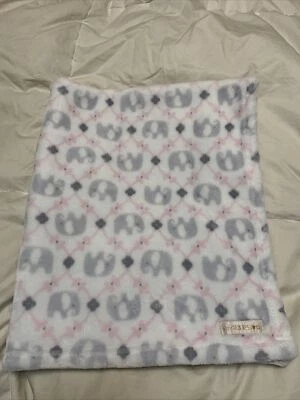 Blankets & And Beyond White Pink & Gray Elephants Baby Girl Lovey SOFT Fleece - Image 1 of 4