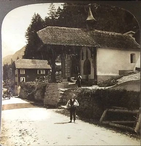 1901 PEASANT CHURCH IN A SWISS VILLAGE #2375 White Stereoview Card - Picture 1 of 1