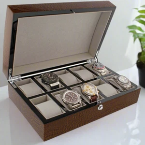 Premium 10 Watch Box in Brown High Gloss - Crocodile Print Finish by Aevitas - Picture 1 of 6