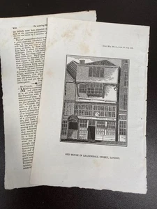 ENGRAVING 1826 OLD HOUSE IN LEADENHALL STREET LONDON + TEXT - Picture 1 of 3