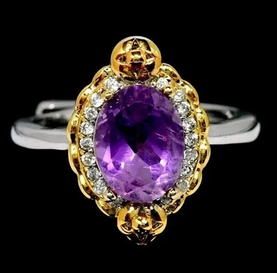 925Silber Ring gr Einstellbar ,Edelsteine Echt  Amethyst, gelb+weiß Vergoldung. - Bild 1 von 4