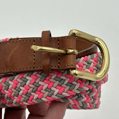 J Crew Belt Women's M Pink Braided  Leather Tab Brass D Ring Buckle Made USA - Image 1 of 4