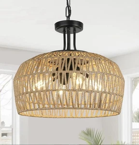 18" Farmhouse Rattan Chandelier, 4-Light Boho Pendant Light Fixture - Picture 1 of 9