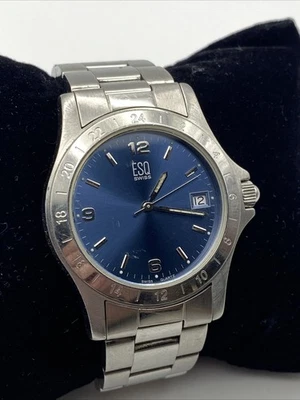 Мужские часы ESQ от Movado серебристый браслет 37 мм, синий циферблат, дата, работает E5099 - Изображение 1 из 4