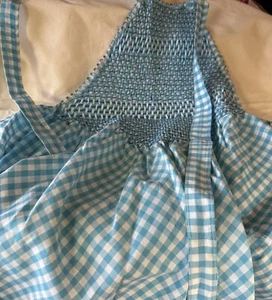 1950s Handcrafted Smocked Blue & White Gingham Cotton Vintage Bib Apron W/ Ties - Picture 1 of 9