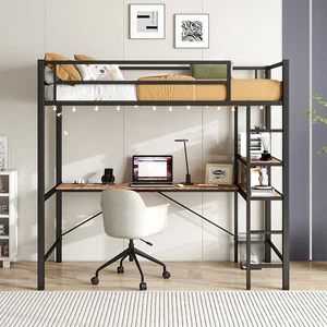 Twin Size Loft Bed with L Shaped Desk and Shelves, Charging Station, Led Lights - Picture 1 of 11