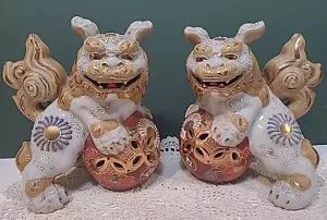 Antique Japanese Kutani Hand Painted Porcelain FOO DOG Statues - Picture 1 of 12