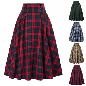 Womens Woolen Baggy Maxi Skirt High Waist Plaid Check Casual Loose Long Dress UK - Picture 1 of 15