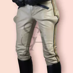 Men's Genuine Lambskin Leather Pants Highway Police Uniform Breeches Tan Pants - Picture 1 of 4