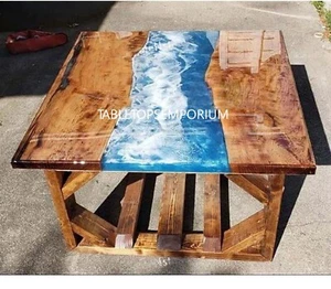 Custom Epoxy Resin Ocean Dining Table with Waves effect Ocean Table Epoxy wooden - Picture 1 of 3
