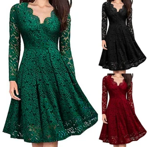 Women V Neck Lace Formal Evening Party Dress Wedding Bridesmaid Prom Ball Gowns - Picture 1 of 14