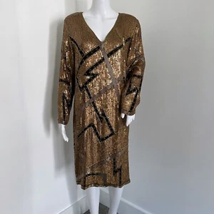 Vintage 90's Women Party Dress Size 8 Sequin Gold Black Lightning Silk - Picture 1 of 7