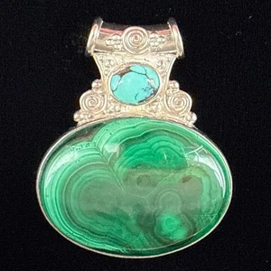 Vintage Luxury Sajen Pure 925 Sterling Silver Malachite Turquoise Pendant - Picture 1 of 7