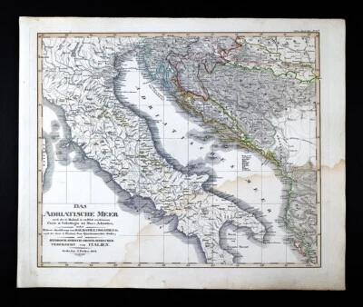 Mapa Stieler 1845 Mar Adriático Italia Croacia Dalmacia Bosnia Montenegro Albania Foto 1 de 4