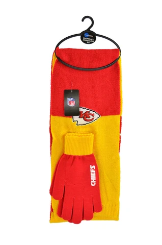 New 3PC NFL Kansas City Chiefs Colorblock Scarf & Glove Gift Set Cover
