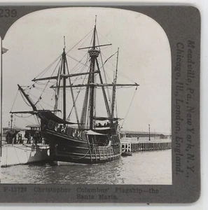 Nave bandiera Cristoforo Colombo Santa Maria Keystone Stereoview c1920 - Foto 1 di 3