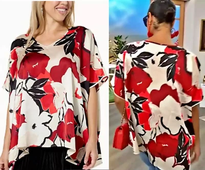 NEW IMAN Global Chic SZ L Printed Satin Scarf Top SHIRT WHITE & RED FLORAL - Image 1 of 4
