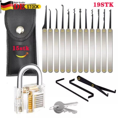 19-teiliges Lockpicking Set Profi mit Transparentem Vorhängeschloss Dietrich - Bild 1 von 4