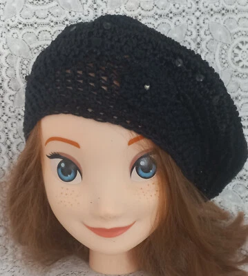 Bonnet  beret  femme noir avec paillettes en coton  fait main - Immagine 1 di 3