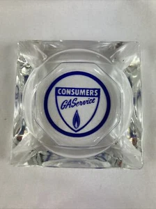Consumers Gas Service Ashtray Clear Glass Blue Print 3.5” - Picture 1 of 6