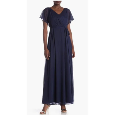 NWT Onyx Nite Split Flutter Sleeve Surplice Neckline Belted Maxi Dress Navy 4 - Image 1 of 4