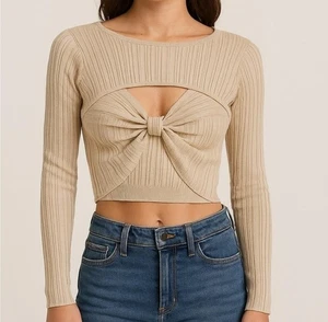 Top corto POL beige acanalado manga larga tejido suave para mujer talla grande nuevo sin etiquetas - Imagen 1 de 10