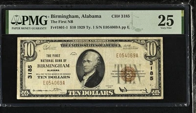 1929 $10 Dollar National Currency Banknote of Birmingham AL #3185 Ty 1 PMG 25 - Image 1 of 2