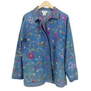 The Quacker Factory Denim Jacket Women's Size S Floral Embroidery Blue - Picture 1 of 4