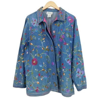 The Quacker Factory Denim Jacket Women's Size S Floral Embroidery Blue - Image 1 of 4
