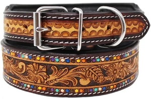 Dog Collar Premium Leather Padded Handmade Floral Tooled Heavy Duty. - Picture 1 of 3