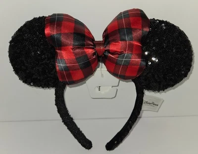Diadema Orejas de Minnie con Lentejuelas Negras Arco a Cuadros Búfalo Vacaciones Parques Disney Nueva con Etiquetas Foto 1 de 4