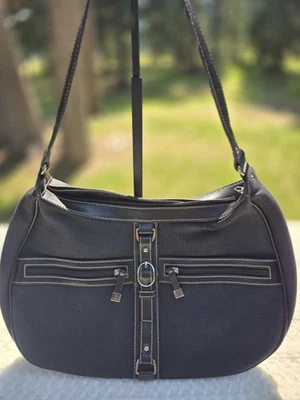 Etienne Aigner Black Textured Fabric Cotton Jute Shoulder Bag Crescent Hobo  - Image 1 of 4