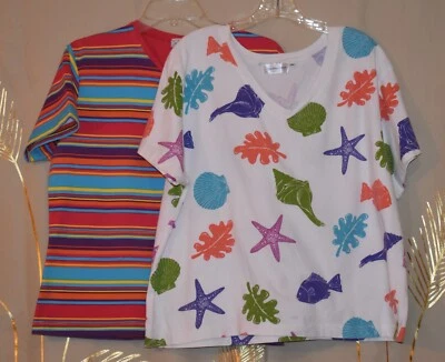 2 CAMISETAS XL MUJER CUELLO EN V - CONCHAS MARINAS ALGODÓN AGUA CLARA, EDICIÓN OCEAN & BAS. RAYAS Foto 1 de 4