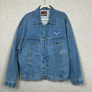 VTG Halo Casuals Denim Trucker Jacket XL Blue Embroidered Eagle First American - Picture 1 of 12