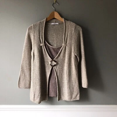 M&S Jumper Beige UK 14 Striped Pattern Linen Mock Cardigan Pull Over Cream  - Image 1 of 4