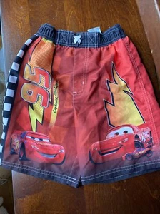 Disney Lightning McQueen Size 7 Swim Trunks Red Cars Checker Boy Lined - Picture 1 of 4