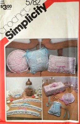Vtg Simplicity CROCHET PATTERN 5782 Pillows, Bowl, Hangers, Tissue Cover, Sachet - Image 1 of 2
