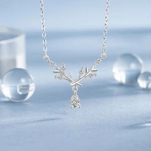 925 Sterling Silver Leaf Teardrop Pendant Women Adjustable Collarbone Necklace - Picture 1 of 6