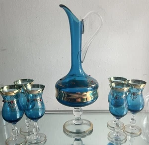 VENETIAN MURANO AQUA BLUE ART GLASS GOLD JEWELED WINE DECANTER & 6 GLASSES VTG - Picture 1 of 10