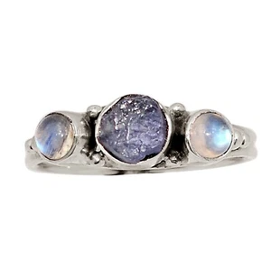 Anillo de plata 925 de cristal de tanzanita natural y piedra lunar arco iris s.9 ALLR-31786 - Imagen 1 de 1