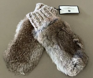 BY MALENE BIRGER Brown Rabbit Fur Chunky Wool Knit & Leather Mittens Size 7H NEW - Picture 1 of 7