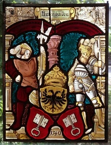 BLEIGLAS WAPPEN MALEREI SCHWEIZ UNTERWALDEN LANDSKNECHTE SZENEN RENAISSANCE 1890 - Picture 1 of 4