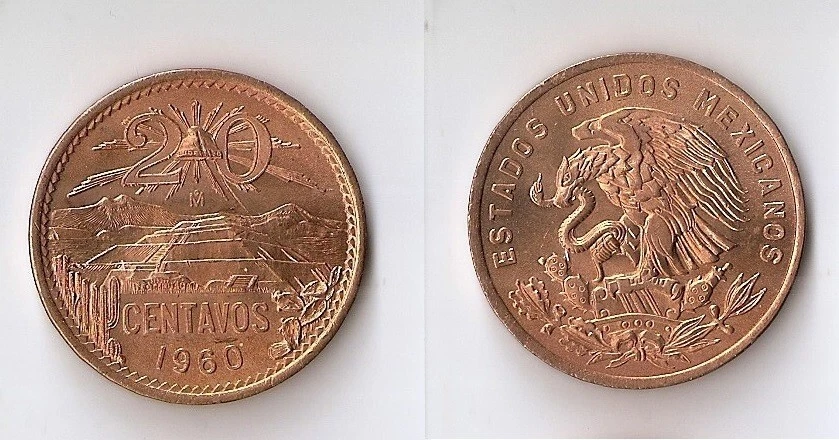 México 20 centavos 1960 Pirámide del Sol en Teotihuacán UNC!!! ¡¡ROJO!!! Foto 1 de 1
