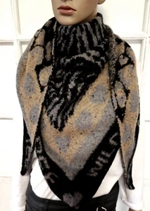 XXL Dreieckstuch Schal Viskose Wolle Animal/Herzen Schriftzug Schwarz/Grau/Taupe - Bild 1 von 3